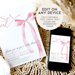 May include: A pink watercolor bow with the text "It's a girl" on a white background. The text "Please join us for a baby shower honoring the mom-to-be Sandra Miller September 14th, 20xx at 4pm Lilly Rose Residence 301 Wildflower Lane, Bloomingville Texas Please RSVP to Melanie 01234-56789 Registered at Amazon and Target" is also on the card.