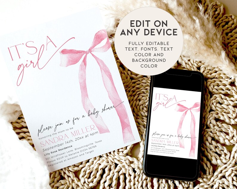 May include: A pink watercolor bow with the text "It's a girl" on a white background. The text "Please join us for a baby shower honoring the mom-to-be Sandra Miller September 14th, 20xx at 4pm Lilly Rose Residence 301 Wildflower Lane, Bloomingville Texas Please RSVP to Melanie 01234-56789 Registered at Amazon and Target" is also on the card.