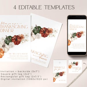 K&ouml;nnte beinhalten: Vorlagen f&uuml;r Thanksgiving-Dinner-Einladungen. Das Design zeigt Aquarellk&uuml;rbisse, Blumen und Text. Enth&auml;lt Einladung, Geschenkanh&auml;nger und eine digitale Einladung f&uuml;r mobile Ger&auml;te. Die Einladung ist 12,7x17,8 cm, das quadratische Geschenk-Etikett ist 5,1x5,1 cm, und das rechteckige Geschenk-Etikett ist 5,1x8,9 cm.