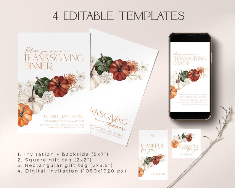 K&ouml;nnte beinhalten: Vorlagen f&uuml;r Thanksgiving-Dinner-Einladungen. Das Design zeigt Aquarellk&uuml;rbisse, Blumen und Text. Enth&auml;lt Einladung, Geschenkanh&auml;nger und eine digitale Einladung f&uuml;r mobile Ger&auml;te. Die Einladung ist 12,7x17,8 cm, das quadratische Geschenk-Etikett ist 5,1x5,1 cm, und das rechteckige Geschenk-Etikett ist 5,1x8,9 cm.