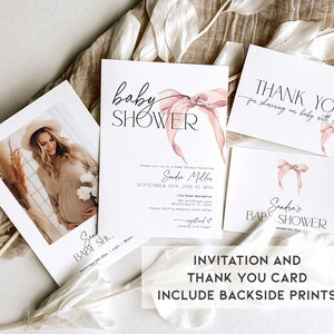 May include: A set of three printable baby shower cards with a pink bow design. The invitation card includes the text "baby shower" and the date and time of the event. The thank you card includes the text "Thank you for showering us baby with love". The third card is a photo card with a picture of a pregnant woman.