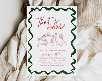 Hand Drawn Thats Amore Bridal Shower Invite, Italian Pizza Invitation Doodle PRINTABLE, Positano Whimsical Wavy Border Engagement, BS103