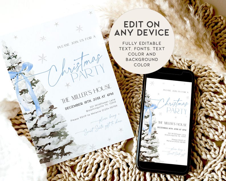 May include: Editable Christmas party invitation template with a blue and white watercolor illustration of a Christmas tree. The text reads "Please join us for a Christmas Party, The Miller's House, December 18th 20XX at 4PM, 301 Wildflower Lane, Bloomingville TX 12345, Please RSVP to Melanie 01234-56789".