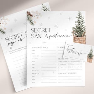 Christmas Tree Santa Gift Exchange Survey Template, Secret Sister Sheet Snowflake, Holiday Wish List Form, Favorite Thing Questionnaire CH75