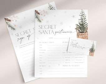 Christmas Tree Santa Gift Exchange Survey Template, Secret Sister Sheet Snowflake, Holiday Wish List Form, Favorite Thing Questionnaire CH75