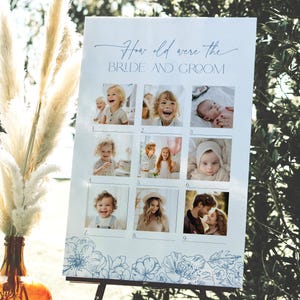 Gioco Blue Toile de Jouy Quanti anni avevano per la festa nuziale, indovina l'età della sposa e dello sposo, striscione con foto di matrimonio Love in Bloom, BS94