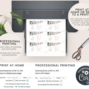 May include: A printable design for wedding favor tags featuring a floral design with pink and white flowers and greenery. The design includes the text "Thank You" and a floral border. The image shows a printer with the design printed on sheets of paper. The text "Print at Home or Send to a Printer" is also included in the image.