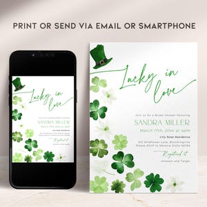 May include: A green and white printable bridal shower invitation with a shamrock and leprechaun hat design. The invitation reads "Lucky in Love" and includes the bride's name, date, time, and location. It also includes the text "Registered at Amazon and Target".