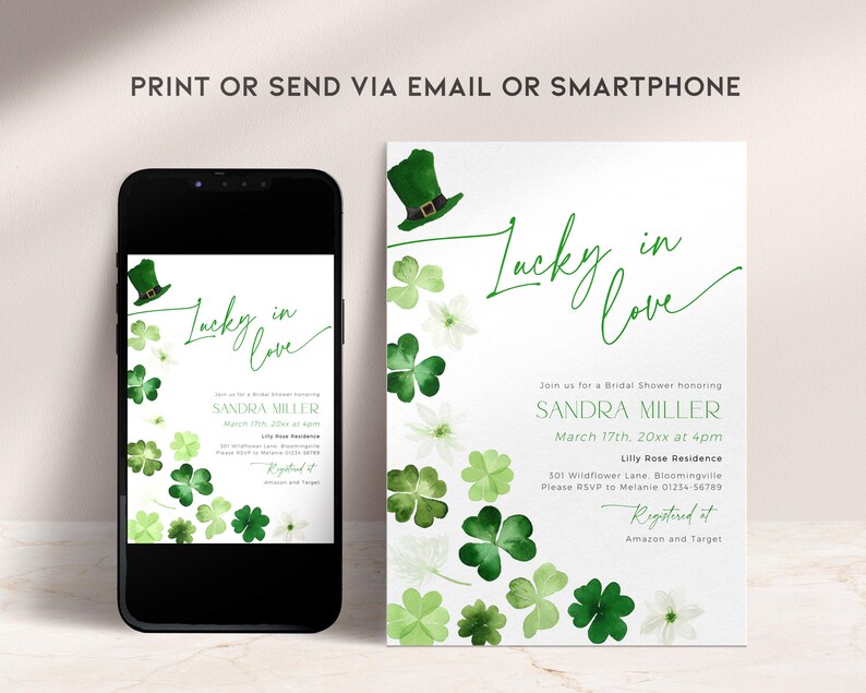 May include: A green and white printable bridal shower invitation with a shamrock and leprechaun hat design. The invitation reads "Lucky in Love" and includes the bride's name, date, time, and location. It also includes the text "Registered at Amazon and Target".