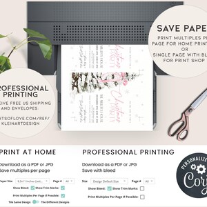 May include: Printable Christmas party invitation with a pink and white winter scene. The invitation says "Christmas Party" and includes the date, time, and location. The invitation also includes the text "Save Paper: Print multiples per page for home printing or single page with bleed for print shop".
