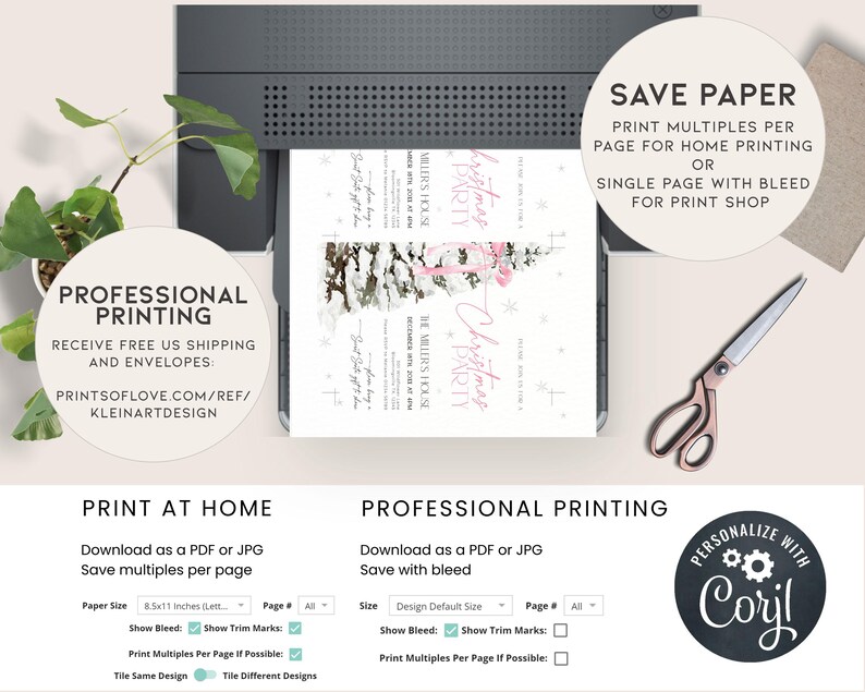 May include: Printable Christmas party invitation with a pink and white winter scene. The invitation says "Christmas Party" and includes the date, time, and location. The invitation also includes the text "Save Paper: Print multiples per page for home printing or single page with bleed for print shop".