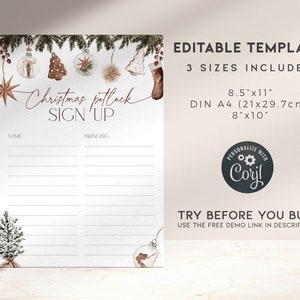 May include: A white Christmas potluck sign-up sheet with a watercolor design. The top features festive ornaments and greenery. Text includes "Christmas potluck SIGN UP" and "EDITABLE TEMPLATE". Sizes include 8.5"x11", DIN A4 (21x29.7cm), and 8"x10".