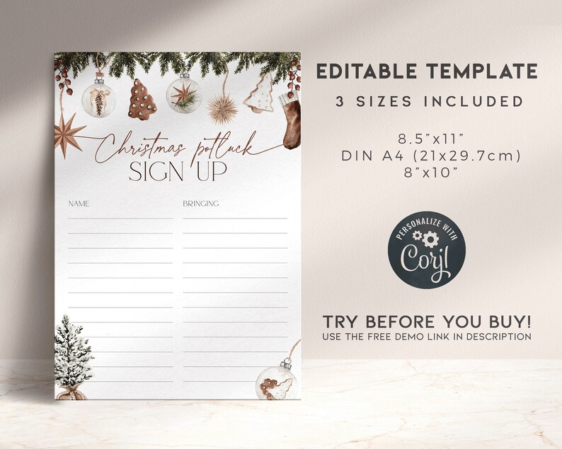 May include: A white Christmas potluck sign-up sheet with a watercolor design. The top features festive ornaments and greenery. Text includes "Christmas potluck SIGN UP" and "EDITABLE TEMPLATE". Sizes include 8.5"x11", DIN A4 (21x29.7cm), and 8"x10".