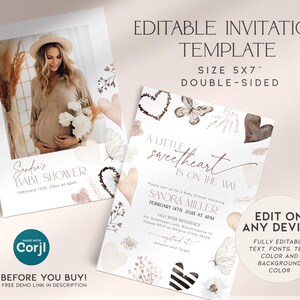 May include: Editable baby shower invitation template with a watercolor heart and butterfly design. The template is 5x7 inches and double-sided. The text on the invitation reads "A little sweetheart is on the way".