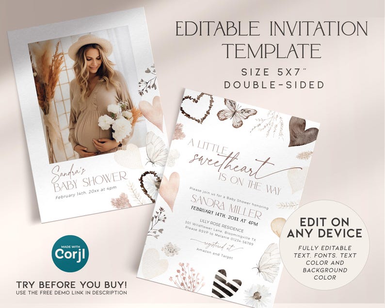 May include: Editable baby shower invitation template with a watercolor heart and butterfly design. The template is 5x7 inches and double-sided. The text on the invitation reads "A little sweetheart is on the way".