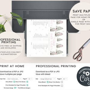 May include: A printable digital download for a Christmas guest book with a pink and green watercolor design. The text on the page reads "Guest Names". The image shows a printer with the printable page inside. The text "Save Paper" is at the top of the image. The text "Print at Home" and "Professional Printing" are at the bottom of the image.