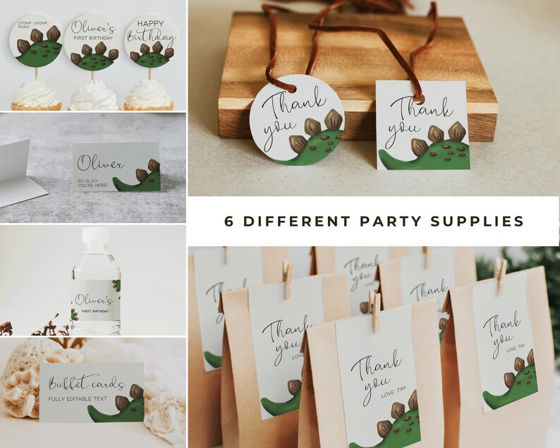 Puede incluir: Un conjunto de art&iacute;culos para fiestas con tem&aacute;tica de dinosaurios, que incluye adornos para cupcakes, etiquetas de agradecimiento, bolsas de regalo y una etiqueta para botella de agua. El dise&ntilde;o presenta un dinosaurio verde con manchas marrones y el texto "Oliver's First Birthday".