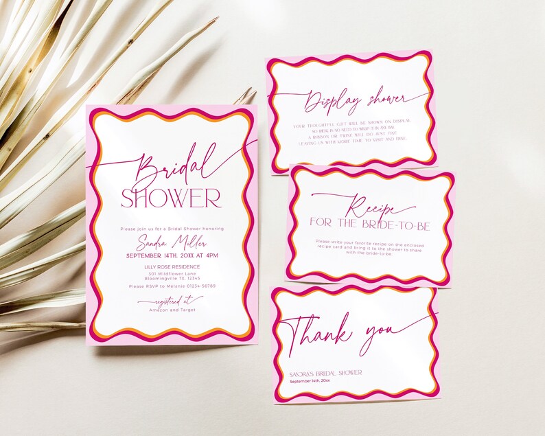 Wavy Border Bridal Shower invitation bundle pink with recipe for thebride, thank you cards and evite