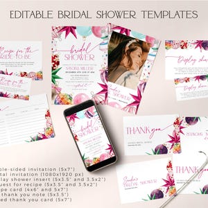 May include: Editable bridal shower templates with a pink and green watercolor design featuring ornaments and stars. The templates include a double-sided invitation, digital invitation, display shower insert, request for recipe card, recipe card, flat thank you note, and folded thank you card.
