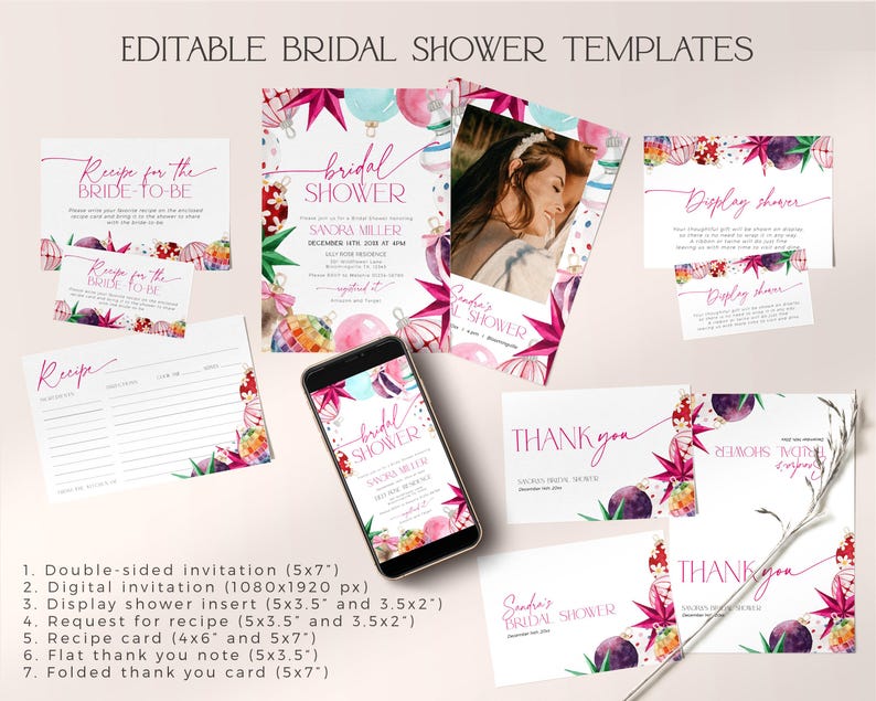 May include: Editable bridal shower templates with a pink and green watercolor design featuring ornaments and stars. The templates include a double-sided invitation, digital invitation, display shower insert, request for recipe card, recipe card, flat thank you note, and folded thank you card.
