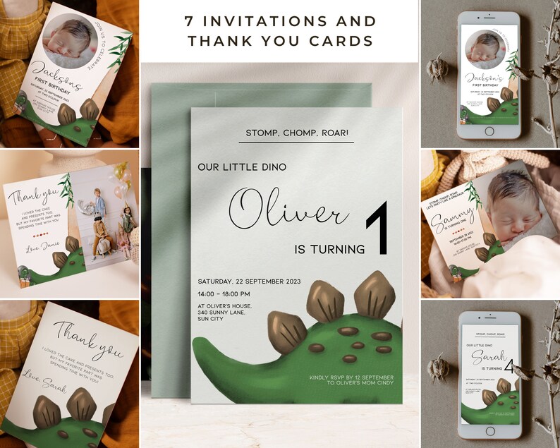 Puede incluir: Conjunto de 7 invitaciones y tarjetas de agradecimiento imprimibles con tem&aacute;tica de dinosaurios. Las tarjetas presentan un dinosaurio verde con p&uacute;as marrones y un beb&eacute; lindo en un c&iacute;rculo. El texto en las tarjetas dice "Nuestro peque&ntilde;o dino Oliver cumple 1 a&ntilde;o" y "&iexcl;Stomp, Chomp, Roar!"