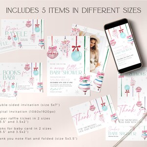 May include: A set of printable baby shower invitations and cards featuring a winter holiday theme with ornaments, snowflakes, and the text "a merry little baby shower". The set includes a double-sided invitation, a digital invitation, a diaper raffle ticket, a "books for baby" card, and a thank you note.