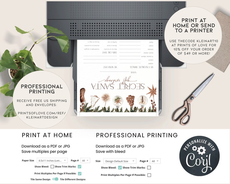 May include: A printed Secret Santa gift exchange form with decorative elements, including text that reads "Secret Santa" and "My Wish List". The form is designed to be printed at home or professionally. The image also includes the text "Print at Home or Send to a Printer".