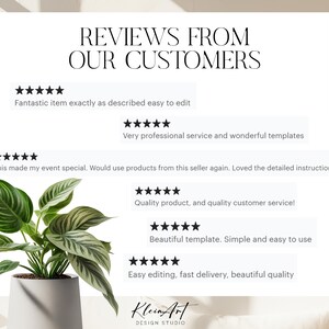May include: A white background with black text that reads "REVIEWS FROM OUR CUSTOMERS".  Below the text are five-star ratings and customer reviews.  The reviews are positive and highlight the quality of the products and the seller's service.  The text at the bottom reads "Klein Art DESIGN STUDIO".