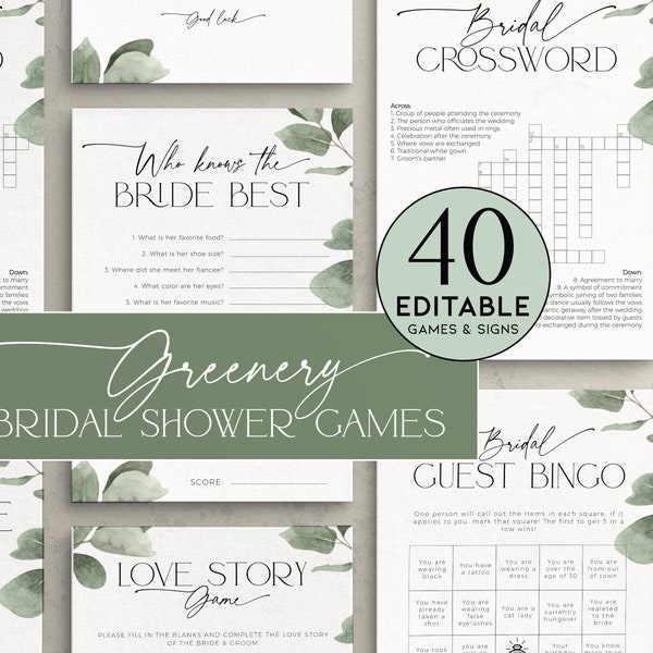 Eucalyptus bruids douche games bundel afdrukbaar, bewerkbare vrijgezellenfeest Pack, groen Bachelorette sjabloon, bloemen bruiloft activiteit, BS39