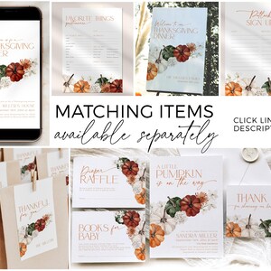 K&ouml;nnte beinhalten: Eine Sammlung von Papeterie-Artikeln zum Thema Herbst, darunter Einladungen und Dankeskarten. Die Designs zeigen Aquarellk&uuml;rbisse, Blumen und elegante Typografie. Der Text enth&auml;lt "Thanksgiving Dinner" und "A Little Pumpkin is on the Way".