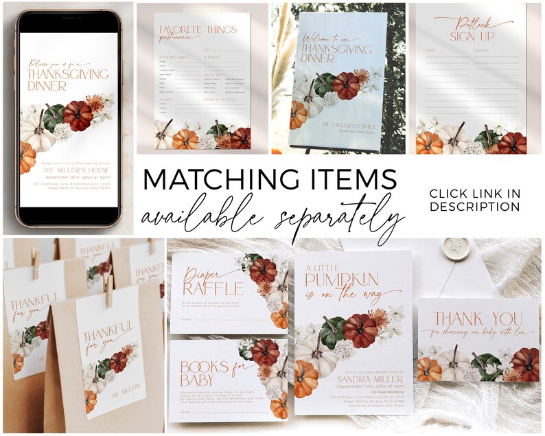 K&ouml;nnte beinhalten: Eine Sammlung von Papeterie-Artikeln zum Thema Herbst, darunter Einladungen und Dankeskarten. Die Designs zeigen Aquarellk&uuml;rbisse, Blumen und elegante Typografie. Der Text enth&auml;lt "Thanksgiving Dinner" und "A Little Pumpkin is on the Way".