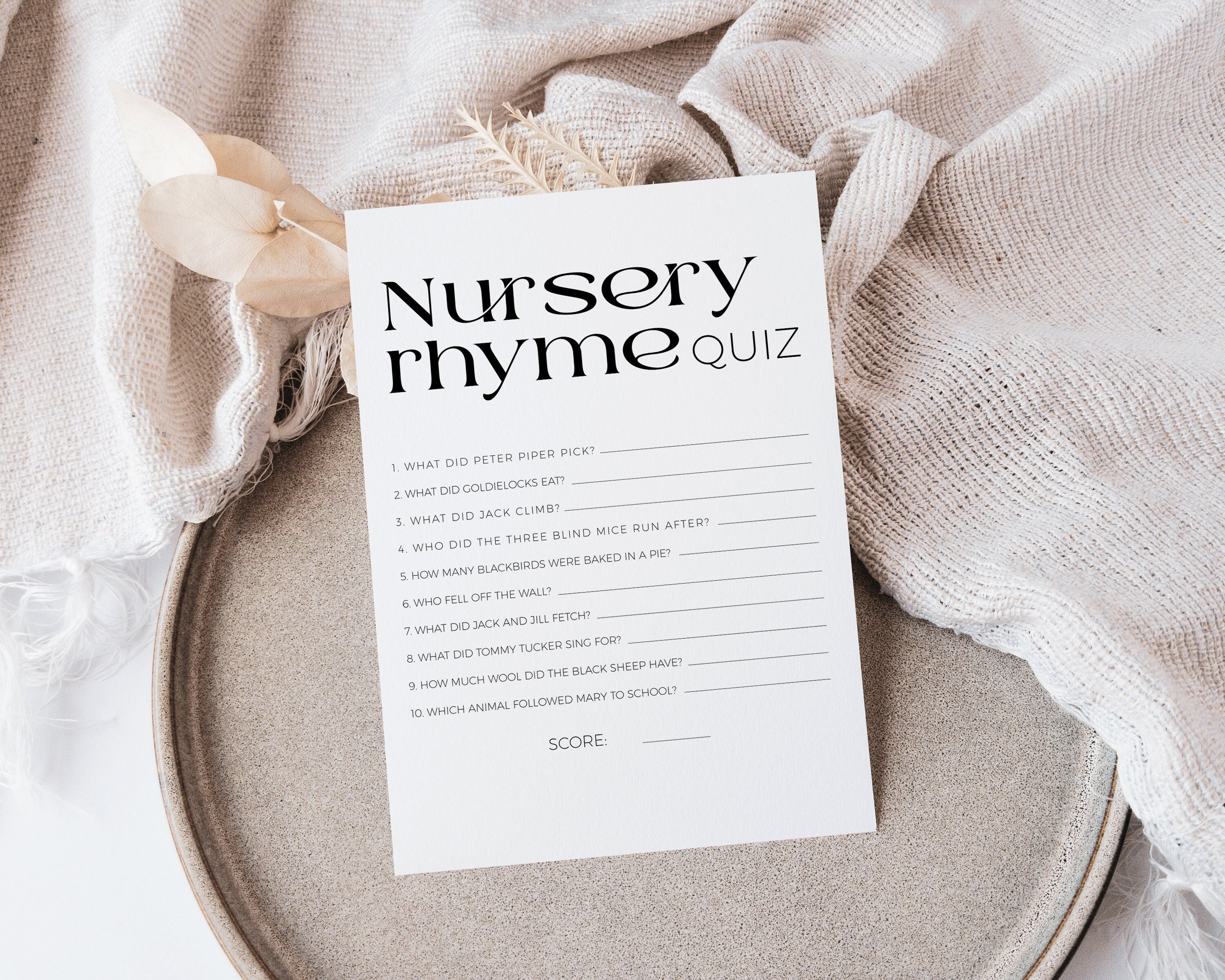 Baby Shower Games Nursery Rhyme PRINTABLE Lullaby Quiz With Answer Key ...