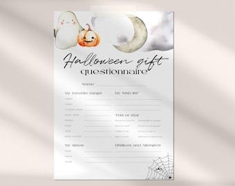 Puede incluir: Un cuestionario de regalo de Halloween con una ilustración de acuarela de un fantasma, una calabaza y una luna creciente. El cuestionario incluye secciones para cosas favoritas, lista de deseos, tallas y aversiones. El título está escrito en una elegante escritura.