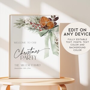 May include: A printable Christmas party invitation with a watercolor illustration of greenery, oranges, and berries. The text reads "Welcome to our Christmas Party, The Miller Family, December 18th, 20xx".