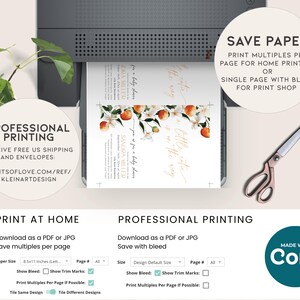 May include: A digital printable design for a baby shower invitation. The invitation features a watercolor illustration of orange blossoms and the text "It's a little citrus" in gold script. The design includes options for printing at home or with a professional printer.