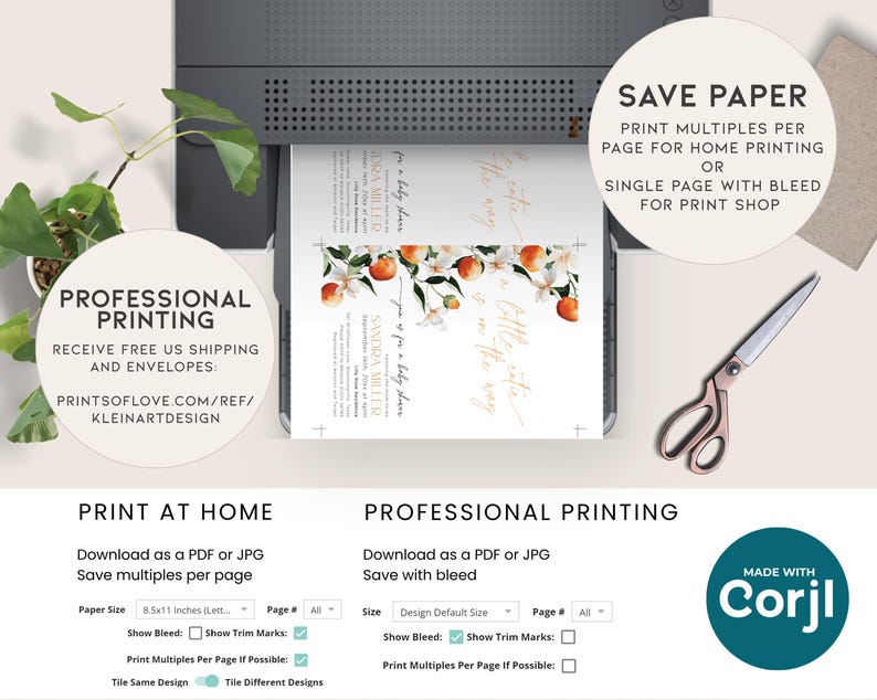 May include: A digital printable design for a baby shower invitation. The invitation features a watercolor illustration of orange blossoms and the text "It's a little citrus" in gold script. The design includes options for printing at home or with a professional printer.