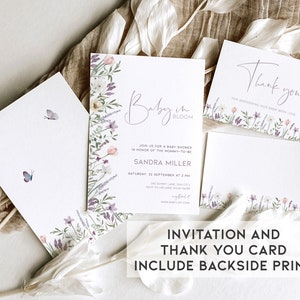 May include: A set of two baby shower cards with a floral design. The invitation card says "Baby in Bloom" and includes the text "Join us for a baby shower in honor of the mommy-to-be Sandra Miller, Saturday, 22 September at 2 PM, 143 Sunny Lane, Sun City. RSVP to Melanie 555-555-5555.  www.babylist.com". The thank you card says "Thank you for showering our baby with love".