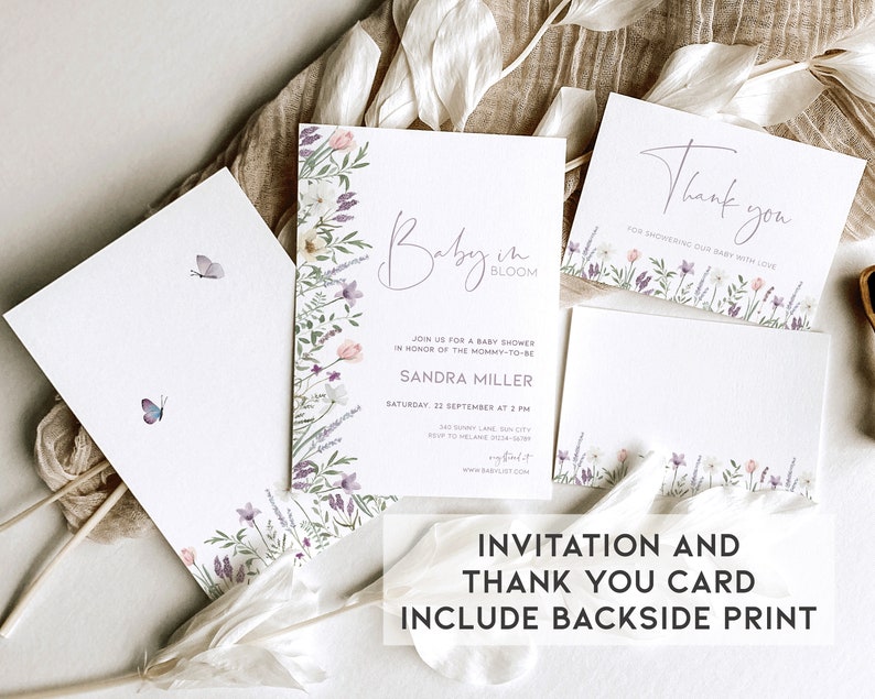 May include: A set of two baby shower cards with a floral design. The invitation card says "Baby in Bloom" and includes the text "Join us for a baby shower in honor of the mommy-to-be Sandra Miller, Saturday, 22 September at 2 PM, 143 Sunny Lane, Sun City. RSVP to Melanie 555-555-5555.  www.babylist.com". The thank you card says "Thank you for showering our baby with love".