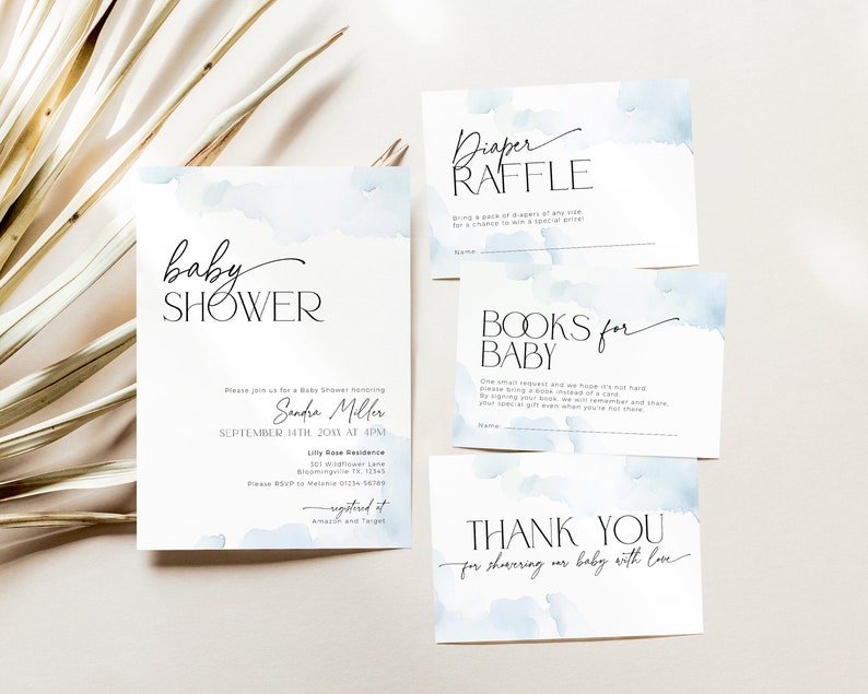 May include: Baby shower invitation and inserts with watercolor blue accents. The invitation reads "baby shower" and includes event details. Inserts include "Diaper Raffle," "Books for Baby," and "Thank You" cards.