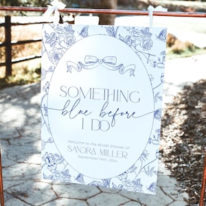 Something Blue Toile de Jouy Bridal Shower Sign Template, Navy Chinoiserie Welcome Signage PRINTABLE, Floral French Bow Hens Banner, BS104