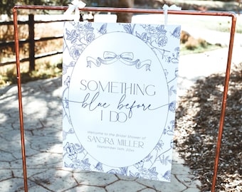 Something Blue Toile de Jouy Bridal Shower Sign Template, Navy Chinoiserie Welcome Signage PRINTABLE, Floral French Bow Hens Banner, BS105