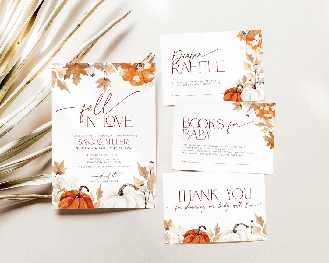 Fall in Love Baby Shower Invitation Bundle, Boho Pumpkin Invite ...