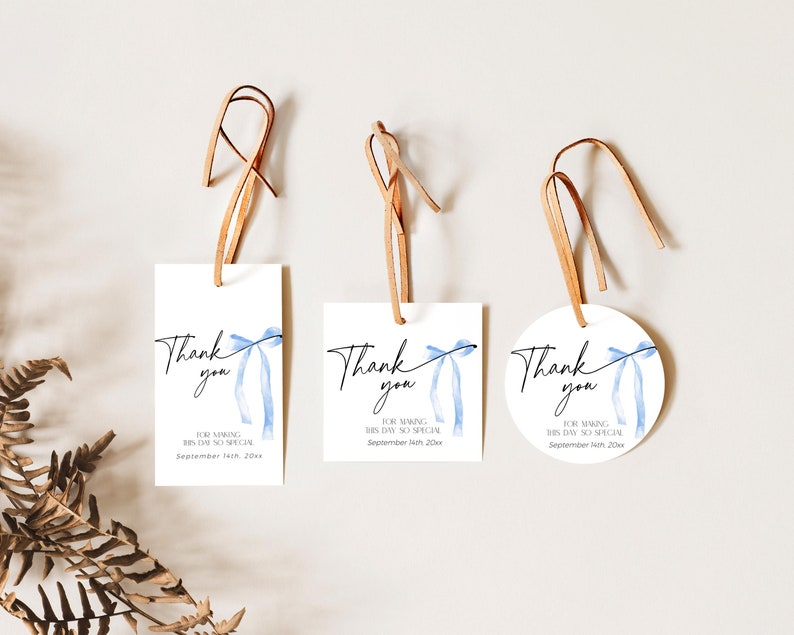 Blue bow thank you tags templates in rectangular, square and round shape