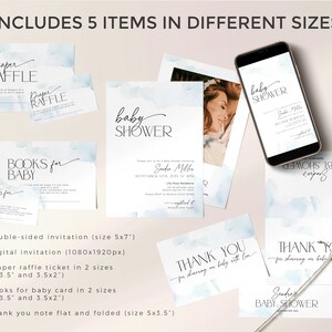 May include: A collection of baby shower stationery items, including invitations, diaper raffle tickets, and thank you notes. The designs feature soft blue watercolor accents and elegant script fonts. A smartphone displays a digital invitation. The set includes 5 items in different sizes.