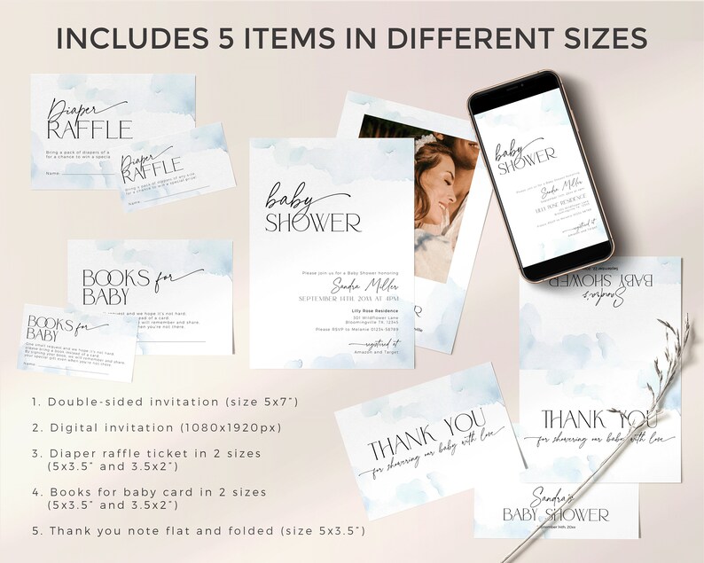 May include: A collection of baby shower stationery items, including invitations, diaper raffle tickets, and thank you notes. The designs feature soft blue watercolor accents and elegant script fonts. A smartphone displays a digital invitation. The set includes 5 items in different sizes.