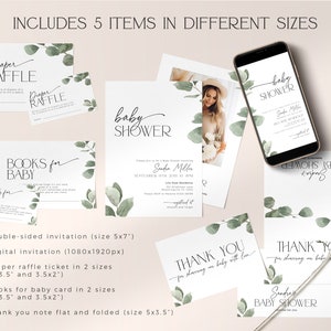 May include: A set of five printable baby shower items in a green and white color scheme. The items include a double-sided invitation, a digital invitation, a diaper raffle ticket, a "Books for Baby" card, and a thank you note. The items feature a eucalyptus leaf design and the text "Baby Shower".