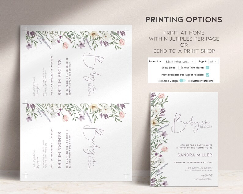 May include: A printable baby shower invitation with a floral border. The invitation is for Sandra Miller and the text reads "Join us for a baby shower in honor of the mommy-to-be Sandra Miller, Saturday, 22 September at 2 PM".