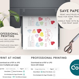 May include: A printable wedding invitation template with a watercolor heart design. The text reads "Our little Sweetheart is on the way". The template includes options for printing at home or professionally, with instructions for saving paper and using bleed.