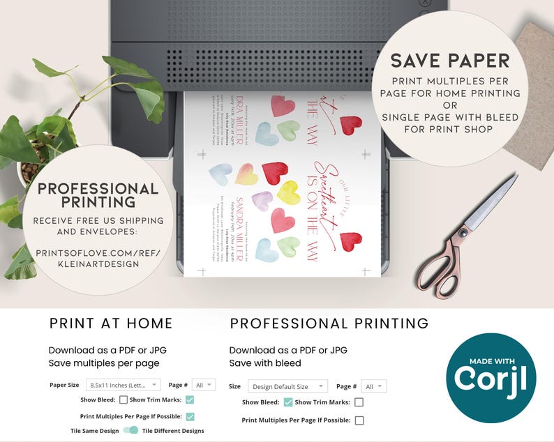 May include: A printable wedding invitation template with a watercolor heart design. The text reads "Our little Sweetheart is on the way". The template includes options for printing at home or professionally, with instructions for saving paper and using bleed.