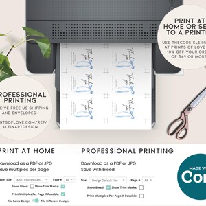 Pode incluir: Cart&otilde;es de agradecimento imprim&iacute;veis com um design de fita azul. Os cart&otilde;es s&atilde;o mostrados em uma impressora com op&ccedil;&otilde;es para imprimir em casa ou profissionalmente. O texto "Imprima em casa ou envie para uma impressora" e "Impress&atilde;o profissional" &eacute; vis&iacute;vel na imagem.